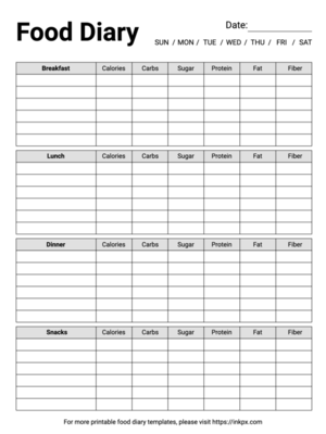 Free Printable Black and White Nutrition Information Food Diary Template