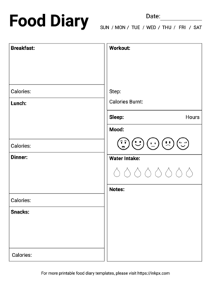 Free Printable Simple Black and White Daily Food Diary Template