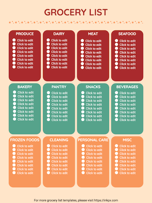 Free Printable Colorful Grocery List Template