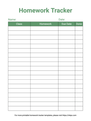 Free Printable Simple Green Color Daily Homework Tracker Template