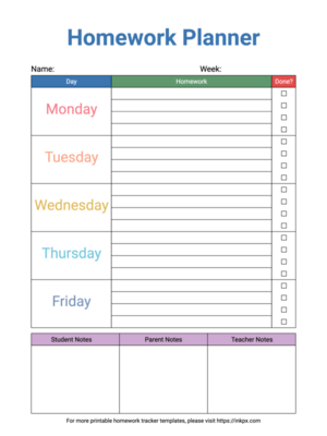 Free Printable Colorful Weekly Homeowork Planner Template