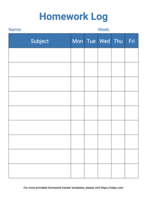 Free Printable Simple Blue Color Weekly Homework Tracker Template
