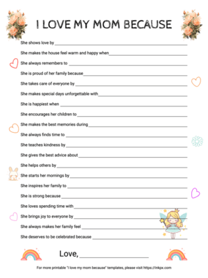 Free Printable Colorful I Love My Mom Because Worksheet