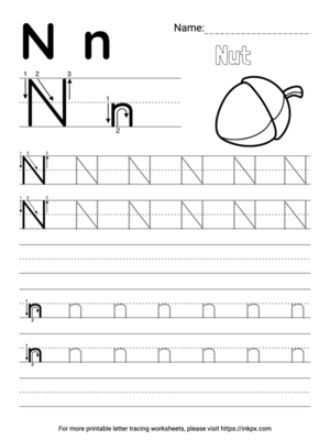 Free Printable Simple Letter N Tracing Worksheet with Blank Lines