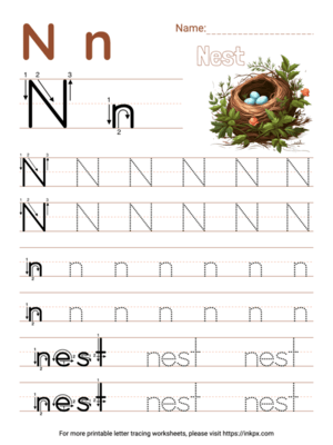 Free Printable Colorful Letter N Tracing Worksheet with Word Nest