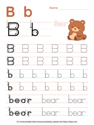 Free Printable Colorful Letter B Tracing Worksheet with Word Bear