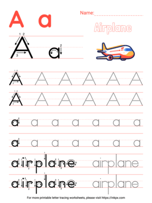 Free Printable Colorful Letter A Tracing Worksheet with Word Airplane