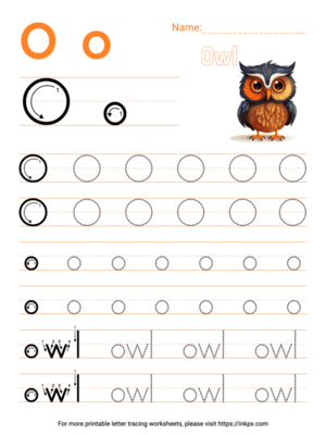 Free Printable Colorful Letter O Tracing Worksheet with Word Owl