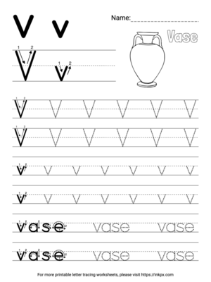 Free Printable Simple Letter V Tracing Worksheet with Word Vase