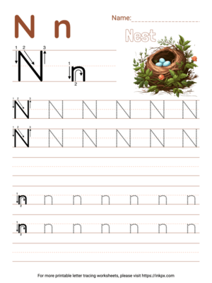 Free Printable Colorful Letter N Tracing Worksheet with Blank Lines