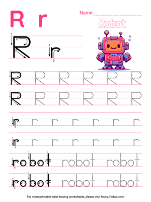 Free Printable Colorful Letter R Tracing Worksheet with Word Robot