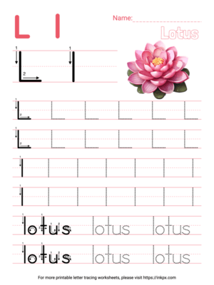 Free Printable Colorful Letter L Tracing Worksheet with Word Lotus