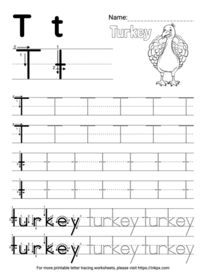 Free Printable Simple Letter T Tracing Worksheet with Word Turkey