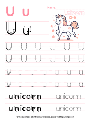 Free Printable Colorful Letter U Tracing Worksheet with Word Unicorn