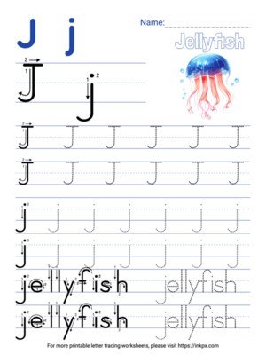 Free Printable Colorful Letter J Tracing Worksheet with Word Jellyfish