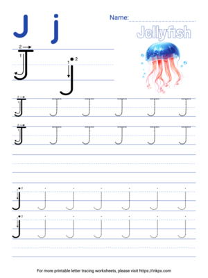 Free Printable Colorful Letter J Tracing Worksheet with Blank Lines