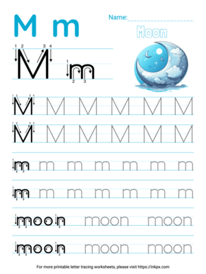 Free Printable Colorful Letter M Tracing Worksheet with Word Moon