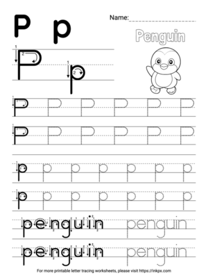 Free Printable Simple Letter P Tracing Worksheet with Word Penguin