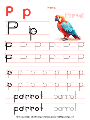 Free Printable Colorful Letter P Tracing Worksheet with Word Parrot