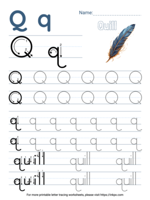 Free Printable Colorful Letter Q Tracing Worksheet with Word Quill