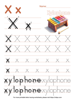 Free Printable Colorful Letter X Tracing Worksheet with Word Xylophone