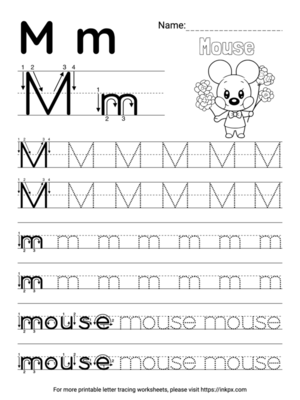 Free Printable Simple Letter M Tracing Worksheet with Word Mouse