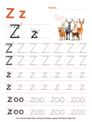 Free Printable Colorful Letter Z Tracing Worksheet with Word Zoo