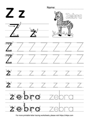 Free Printable Simple Letter Z Tracing Worksheet with Zebra