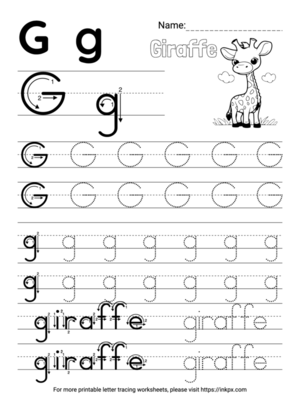 Free Printable Simple Letter G Tracing Worksheet with Word Giraffe