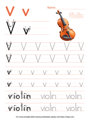 Free Printable Colorful Letter V Tracing Worksheet with Word Violin