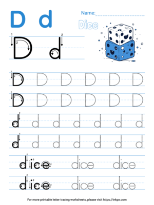 Free Printable Colorful Letter D Tracing Worksheet with Word Dice