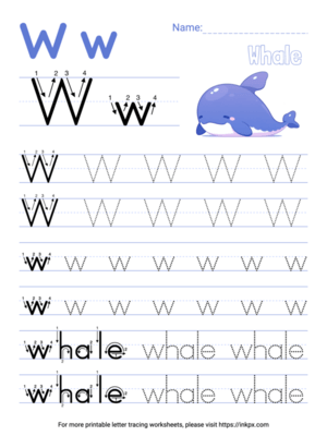 Free Printable Colorful Letter W Tracing Worksheet with Word Whale
