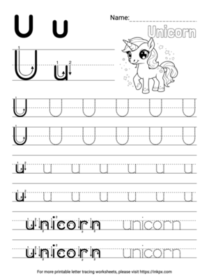 Free Printable Simple Letter U Tracing Worksheet with Word Unicorn