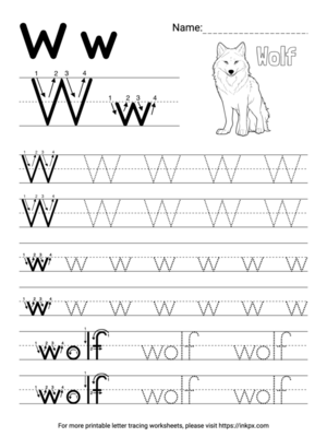 Free Printable Simple Letter W Tracing Worksheet with Word Wolf