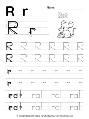 Free Printable Simple Letter R Tracing Worksheet with Word Rat
