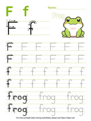 Free Printable Colorful Letter F Tracing Worksheet with Word Frog
