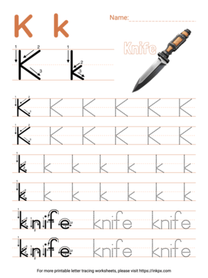 Free Printable Colorful Letter K Tracing Worksheet with Word Knife