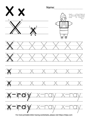 Free Printable Simple Letter X Tracing Worksheet with Word X-Ray