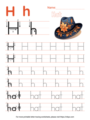 Free Printable Colorful Letter H Tracing Worksheet with Word Hat