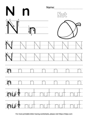 Free Printable Simple Letter N Tracing Worksheet with Word Nut