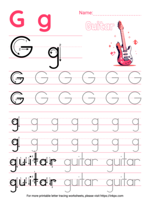 Free Printable Colorful Letter G Tracing Worksheet with Word Guitar