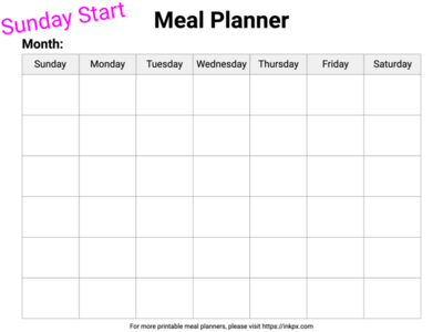 Free Printable Minimalist Style Monthly Meal Planner (Sunday Start)
