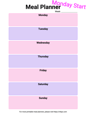 Free Printable Colorful Style Weekly Meal Planner (Monday Start) Template