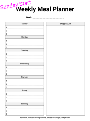 Free Printable Clean Style Weekly Meal Planner (Sunday Start) Template