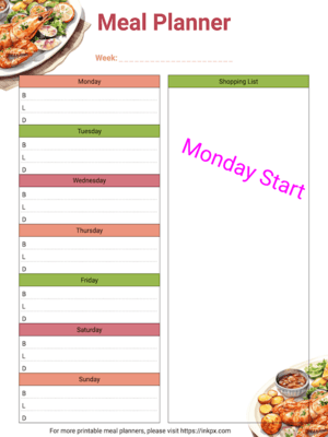 Free Printable Colorful Style Weekly Meal Planner Template (Monday Start)