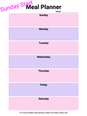 Free Printable Colorful Style Weekly Meal Planner (Sunday Start) Template