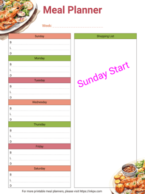 Free Printable Colorful Style Weekly Meal Planner Template (Sunday Start)