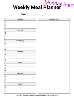 Free Printable Clean Style Weekly Meal Planner (Monday Start) Template