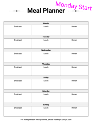 Free Printable Minimalism Style Weekly Meal Planner (Monday Start) Template