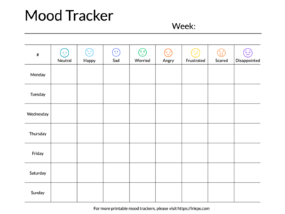 Printable Colored Table Style Weekly Mood Tracker